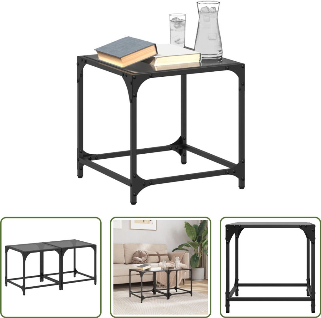 The Living Store Couchtische mit Glasplatte 2 Stk. Schwarz 40x40x40 cm Stahl