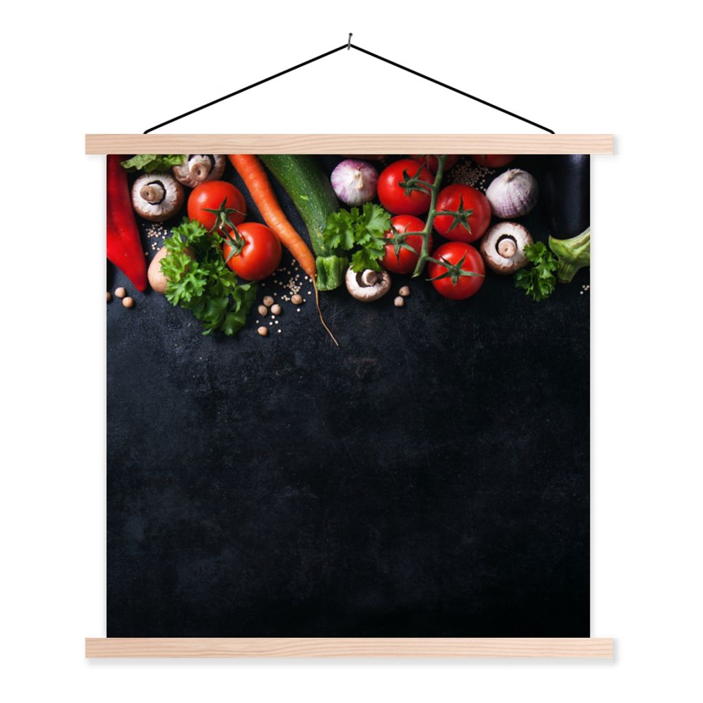 MuchoWow Textilposter Gemüse - Kräuter - Gewürze - Schwarz - Rustikal - Küche 120x120 cm mit holzfarbenen Rahmen - Textil-Poster