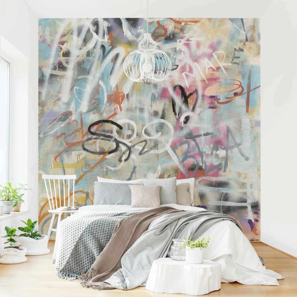 Fototapete Sprüche - Vliestapete - Bildtapete UV-beständig Design pastell Graffiti Shabby Wandtapete geruchsfrei
