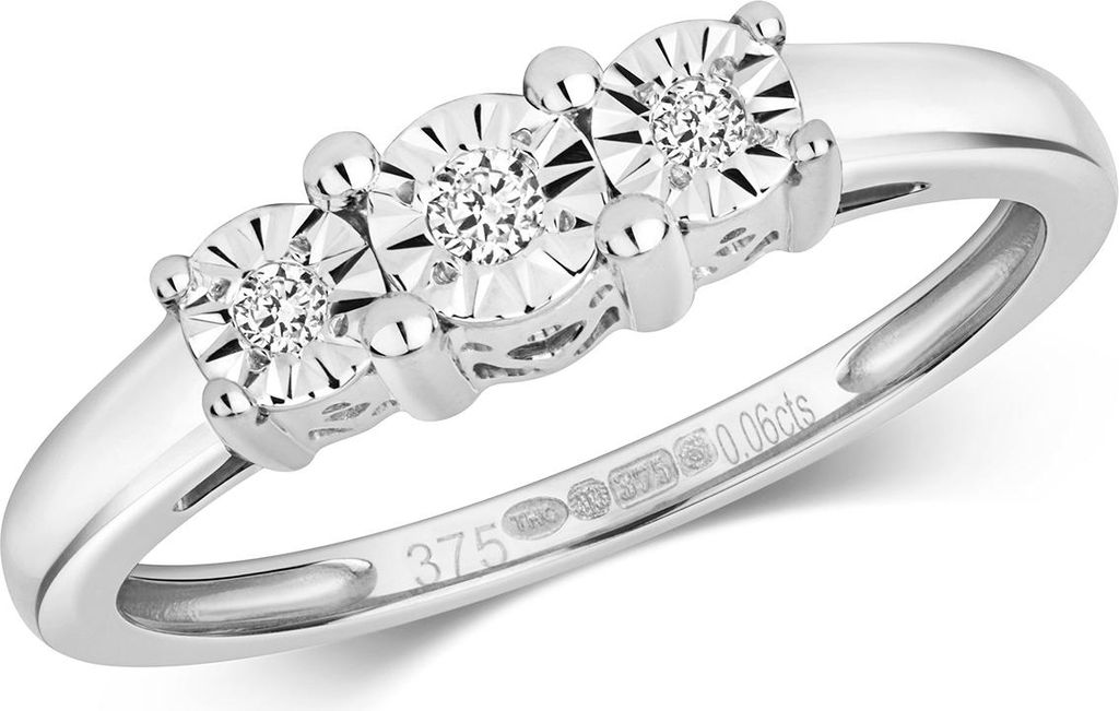 Funkelndes Feuer 9 Karat (375) Weißgold Trilogie Diamant Damenring Brillant-Schliff 0.06 Karat H - PK1, 51 (16.2); TRS317689KWRSL