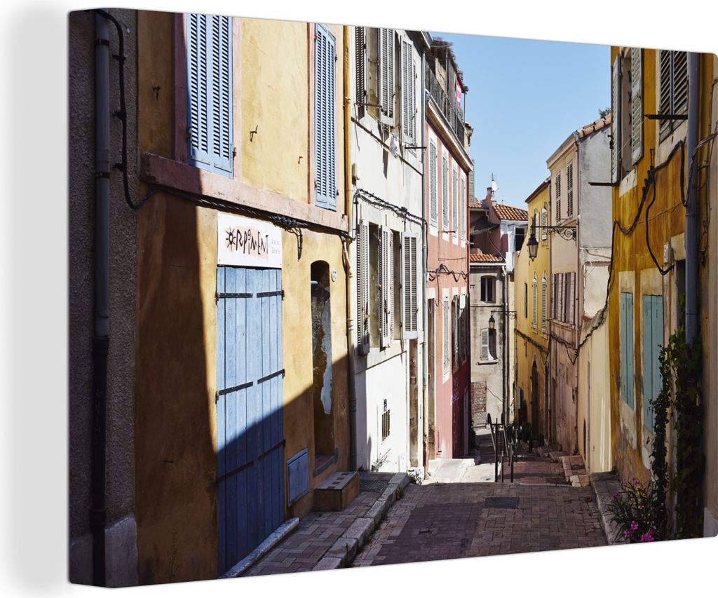 OneMillionCanvasses - Leinwandbilder - 140x90 cm, Häuser - Straße - Marseille, Wandbilder Kunstdruck Wanddekoration - Foto auf Leinwand - Gemä...
