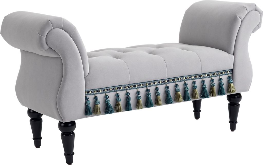 Samt-Bezug Sitzbank mit Armlehne, Hellgrau 117x40x58 cm, Holzrahmen Bettbank für Wohnzimmer Schlafzimmer Flur