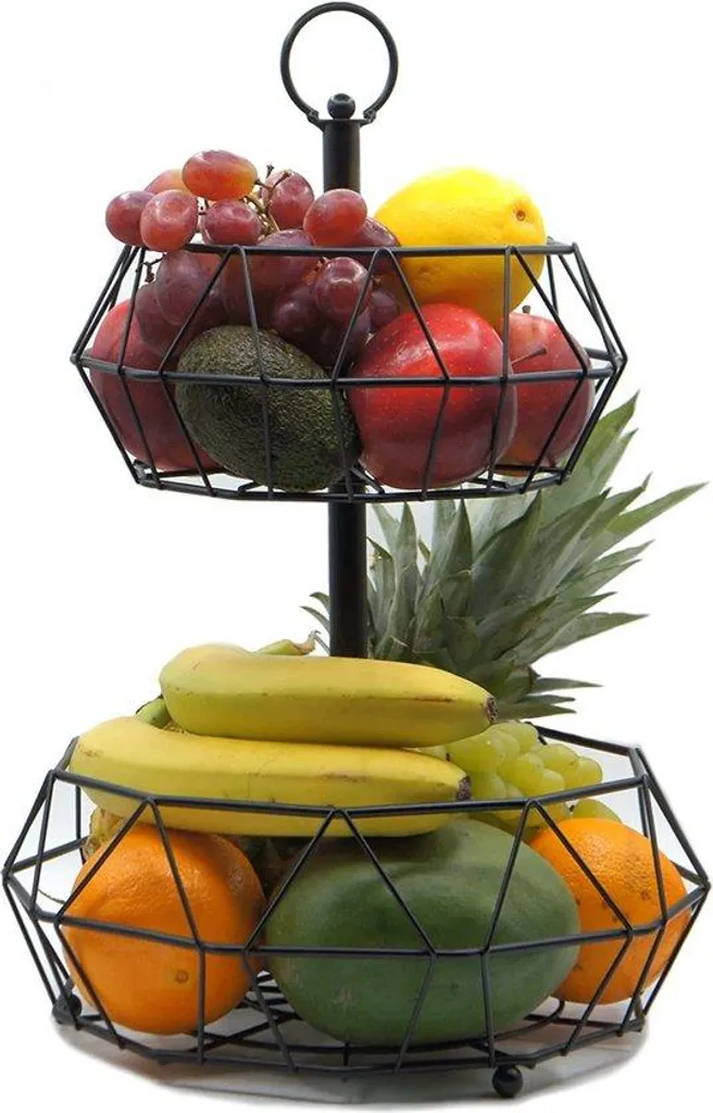 Porte-fruits à deux étages en métal noir mat pour cuisine moderne
