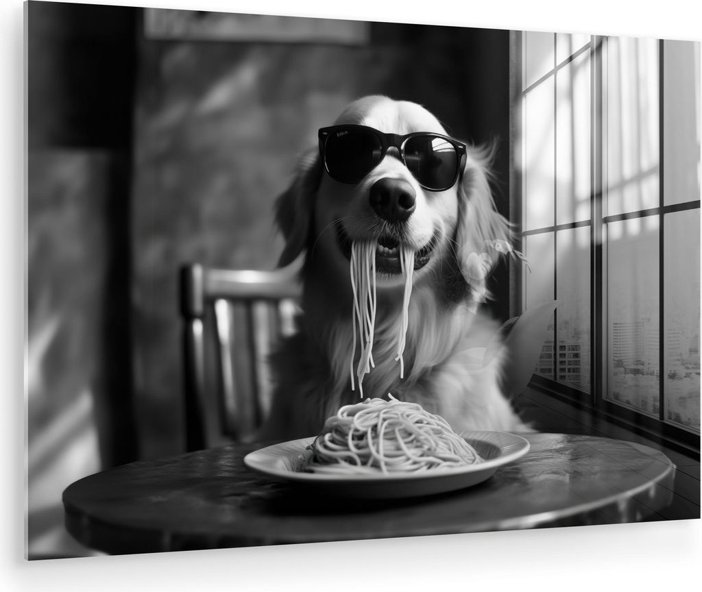MuchoWow Glasbilder - Bilder auf Wandbild - Foto auf Glas Golden Retriever - Hund - Fröhlich - Teller Spaghetti - Schwarz - Weiß 120x80 cm Wandde...