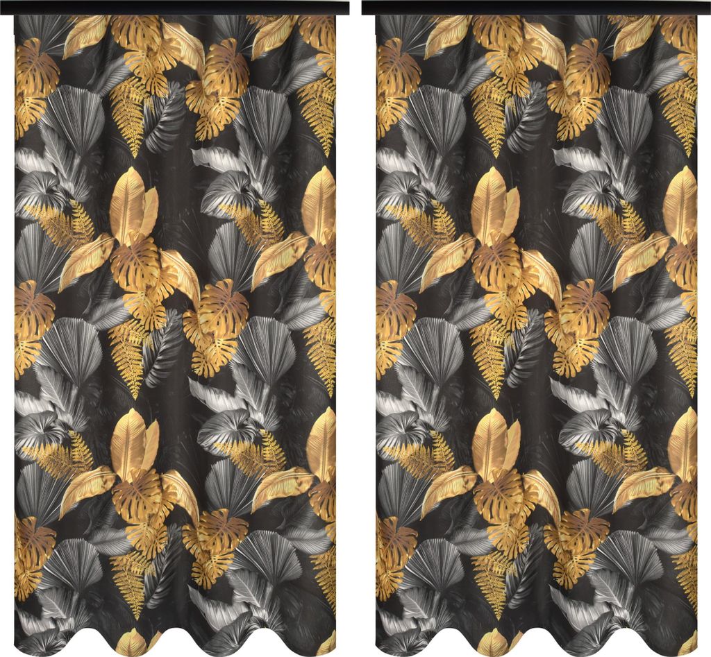 Vorhänge mit Kräuselband 140x240 2 Stücke schwarze Vorhänge mit goldenen Blättern Muster blickdichte Gardinen