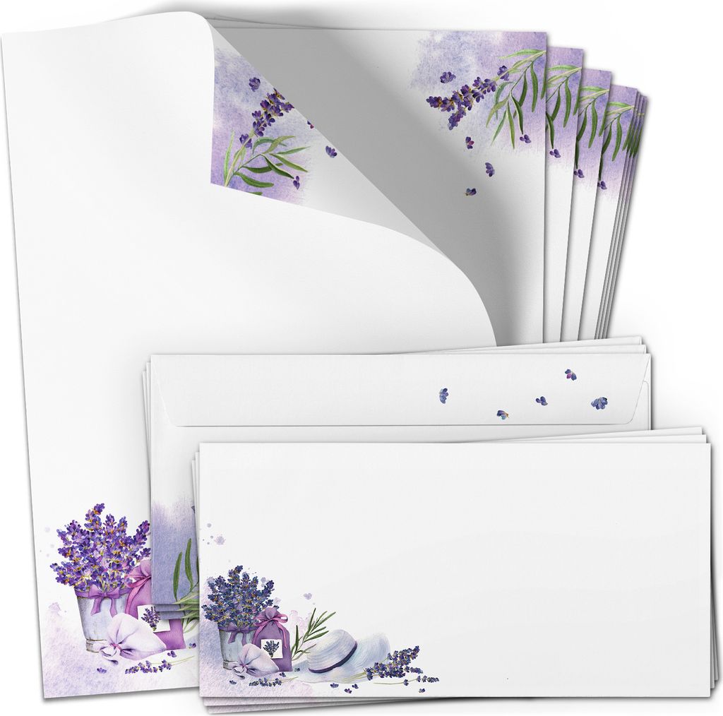 50 Briefpapier und Briefumschlag SET | Lavendel Lila Frankreich | Papier und Umschlag mit Design-Motiv bedruckt | 90 g/m²
