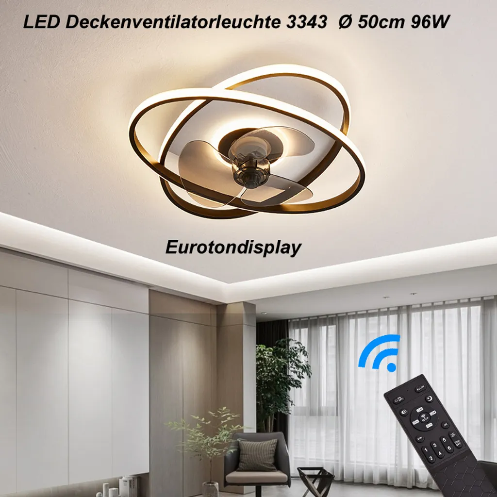 Plafonnier ventilateur LED noir avec intensité réglable et télécommande