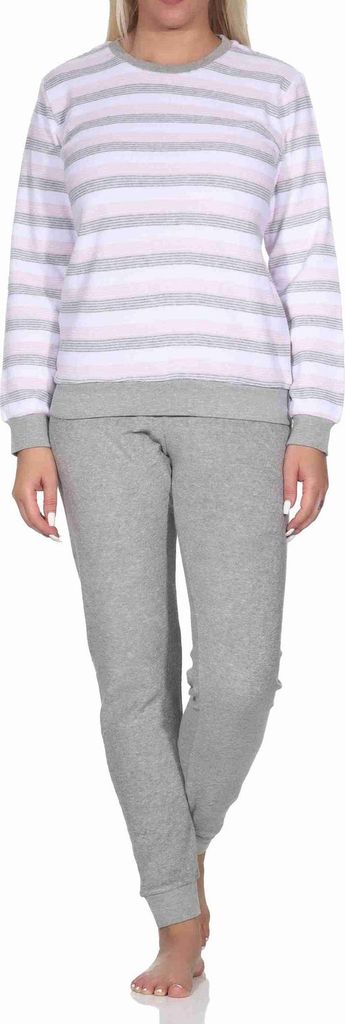 Damen Frottee Schlafanzug langarm mit Bündchen - Streifenoptik - auch in Übergrössen ; rosa , 44