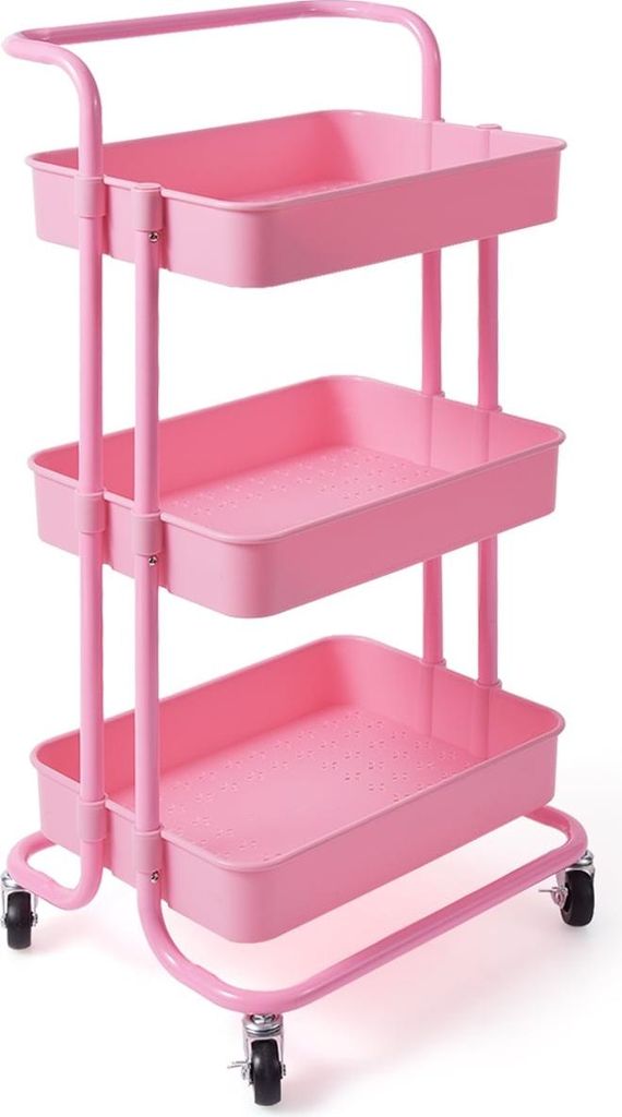 3-stöckiger Servierwagen aus Metall mit Rollen, rosa, Produktbild 