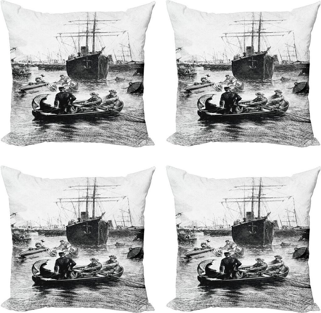 ABAKUHAUS Vintage Boat Kissenbezug Set (4 Stück), Vintage San Diego, Moderner Doppelseitiger Digitaldruck, 50 cm x 50 cm, Schwarz und weiß