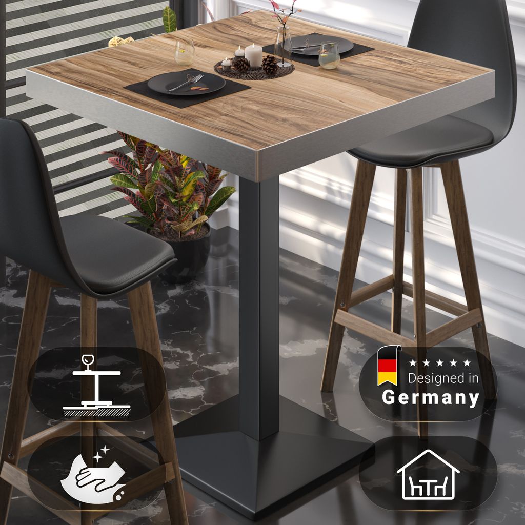 BPA | Bistro Stehtisch | 80 x 80 x 114 cm | Edelstahl Rand | Quadratisch | Sheesham / Schwarz | Gastro Steh Tisch Restaurant