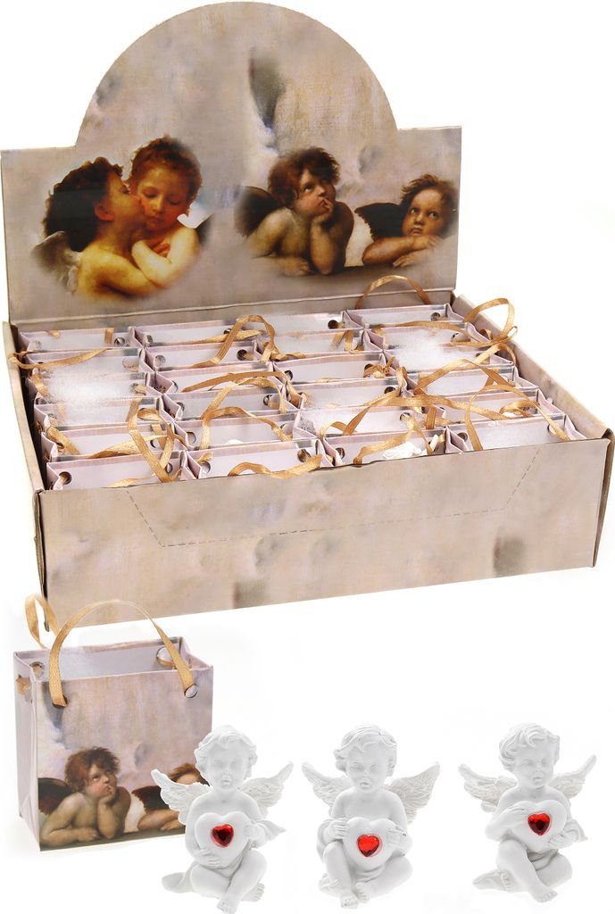 24er Set sitzender weißer Engel mit Herz und rotem Stein in Tüte Schutzengel Glücksbringer H.: 4,5cm