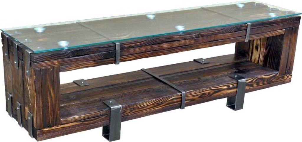 CHYRKA TV Board (Natur, 160x38 cm H=50 cm) BORYSLAW Schrank Wohnzimmertisch Basis für TV modernes Design Glastisch Glas Loft Handmade Vintage Deco