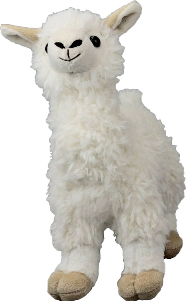 A white plush llama toy is shown standing against a white background.