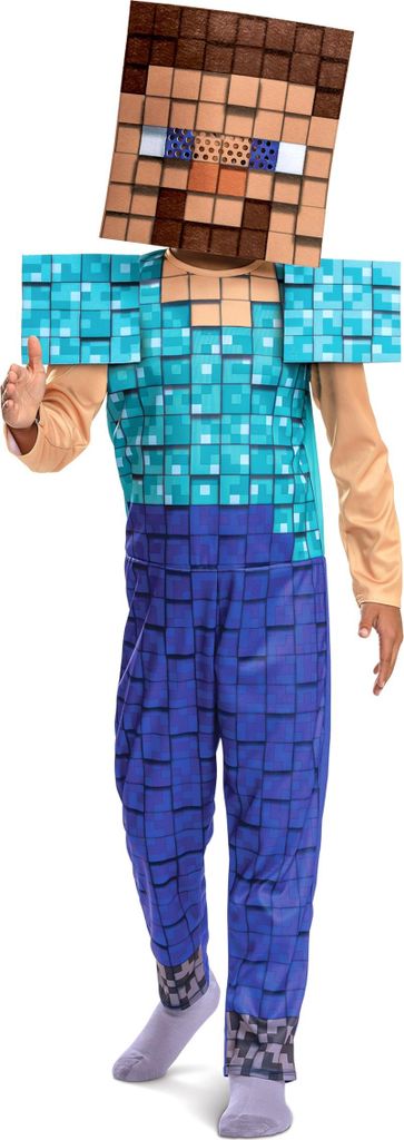 A child wearing a Minecraft Steve costume, giving a thumbs up.