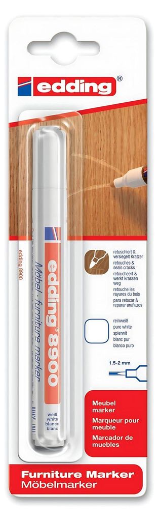 A product package for an Edding furniture marker, showing the marker inside its packaging and some marketing graphics.