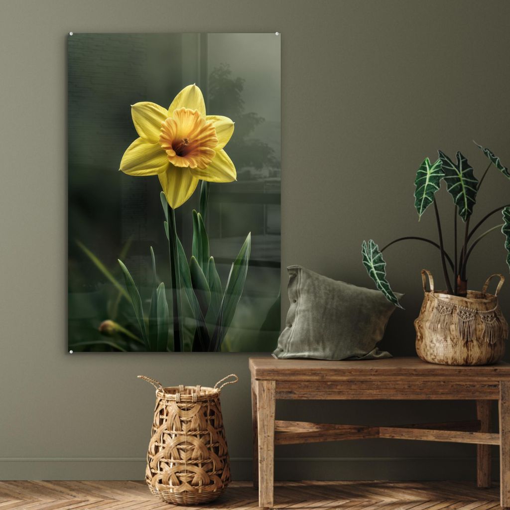 MuchoWow Glasbilder - Bilder auf Wandbild - Foto auf Glas Blume - Narzisse - Gras - Gelb 60x90 cm Wanddekoration aus Glas - Acrylglasbild - Acrylbi...