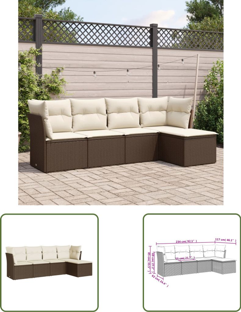 The Living Store 5-tlg. Garten-Sofagarnitur mit Kissen Braun Poly Rattan