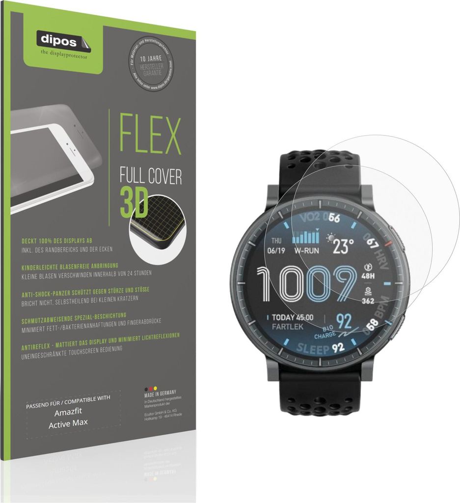 2x Full Cover Schutzfolie matt für Amazfit Active Max Panzerfolie Anti-Shock