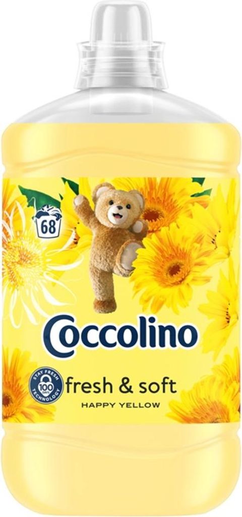 A bottle of Coccolino fabric softener with a teddy bear and sunflowers on the label.
