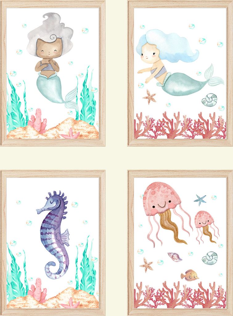 Meerjungfrau Seepferdchen Koralle 4er Set Bilder Kinderzimmer Deko DIN A4 Poster Babyzimmer Wandbilder