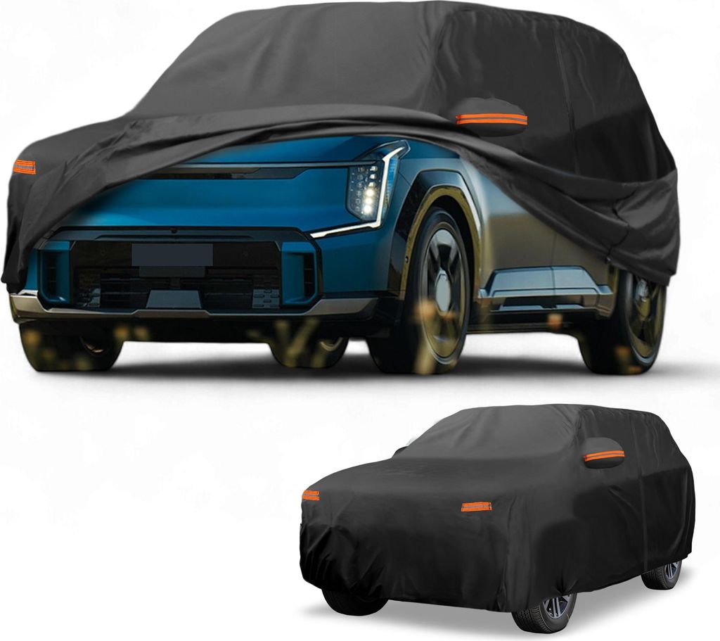 Autoabdeckung Wasserdicht Alle Wetter Automobil Au?en Anti-UV Sonnenregen Schutz Vollabdeckung fš¹r Kia EV9 190T-PU Schwarz mit Reflektierenden S...