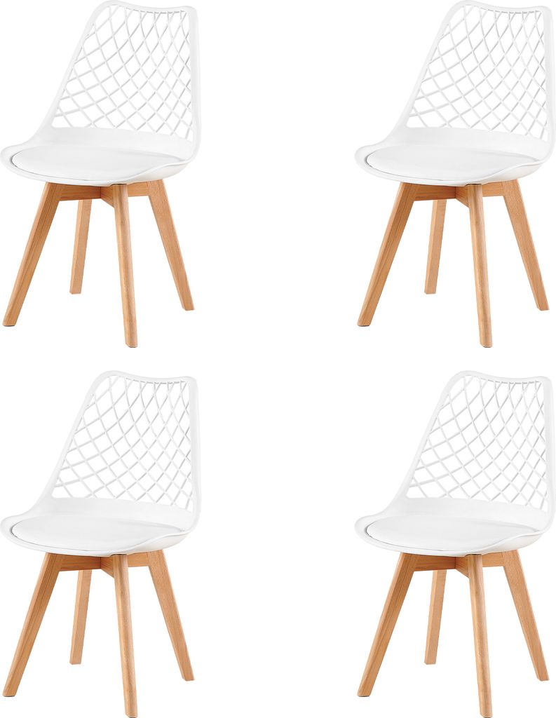 Four white dining chairs with wooden legs are arranged in a grid formation against a white background.
