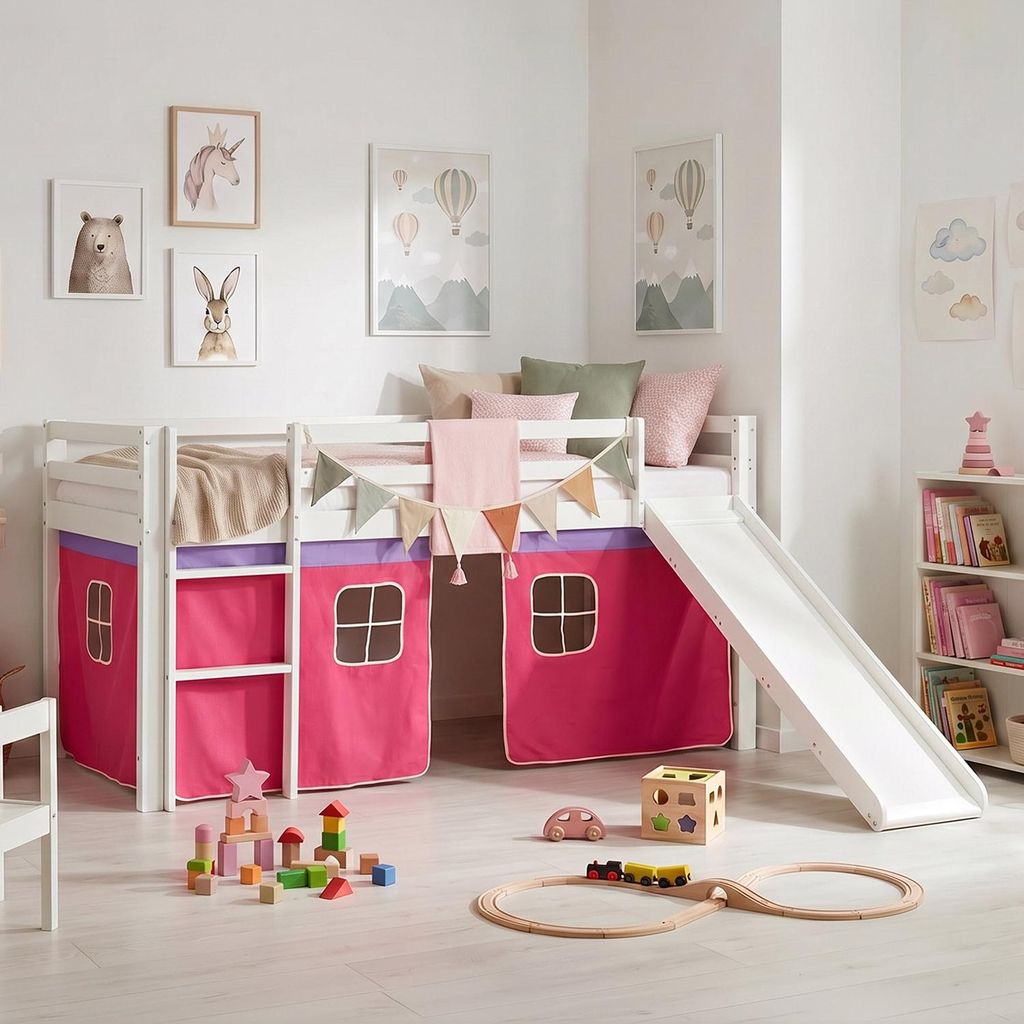 Homestyle4u Hochbett 90x200 mit Rutsche Lattenrost Vorhang Rosa Pink Kinderbett Weiß Holz Kiefer Stockbett Gäste Spielbett