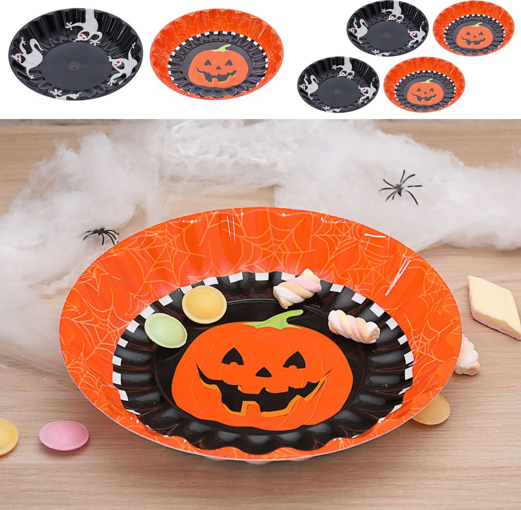 Halloween Schale 6er Set Kürbis Geist Kunststoff schwarz orange 33x4,5cm Partyteller Tischdekoration Teller