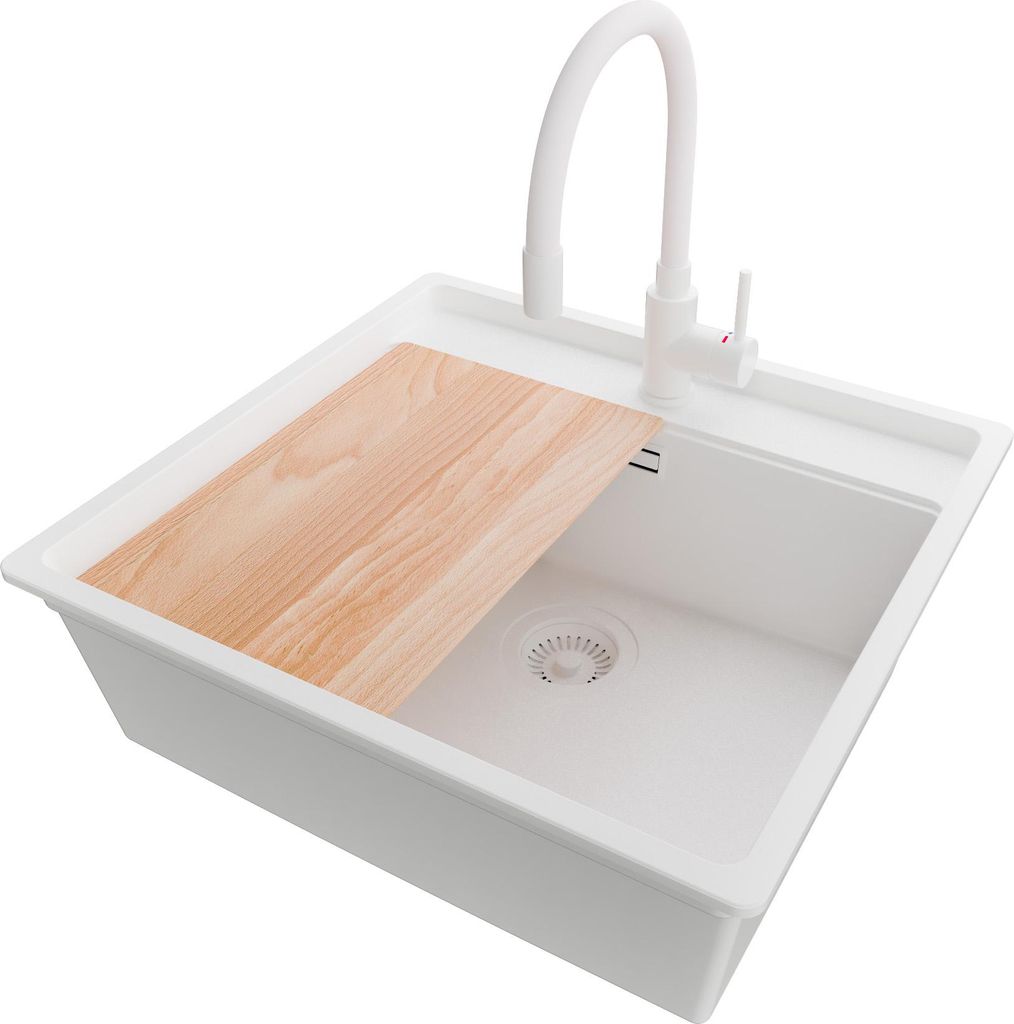 PRIMAGRAN Unterbauspüle Granit Alles Weiß 56x53cm, Spülbecken 1 Becken + Ablauf-Set + Küchenzubehörset, Granitspüle ab 60er Unterschrank - Be...