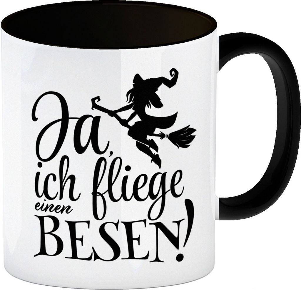 Kaffeebecher Schwarz mit witzigem Hexenmotiv zu Halloween - Ja, ich fliege