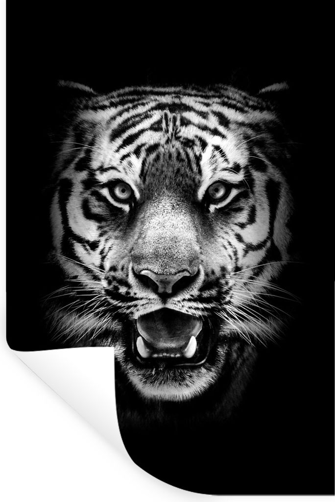MuchoWow Wandtattoo Wandsticker Wandaufkleber Tigerkopf vor schwarzem Hintergrund - schwarz und weiß 80x120 cm Selbstklebend und Repositionierba...