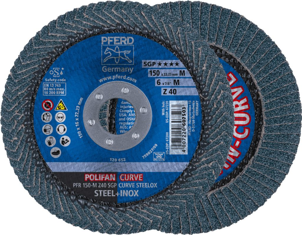 PFERD TOOLS POLIFAN CURVE Fächerscheibe PFR 150x22,23 mm Breite M Z40 SGP STEELOX für Stahl/Edelstahl