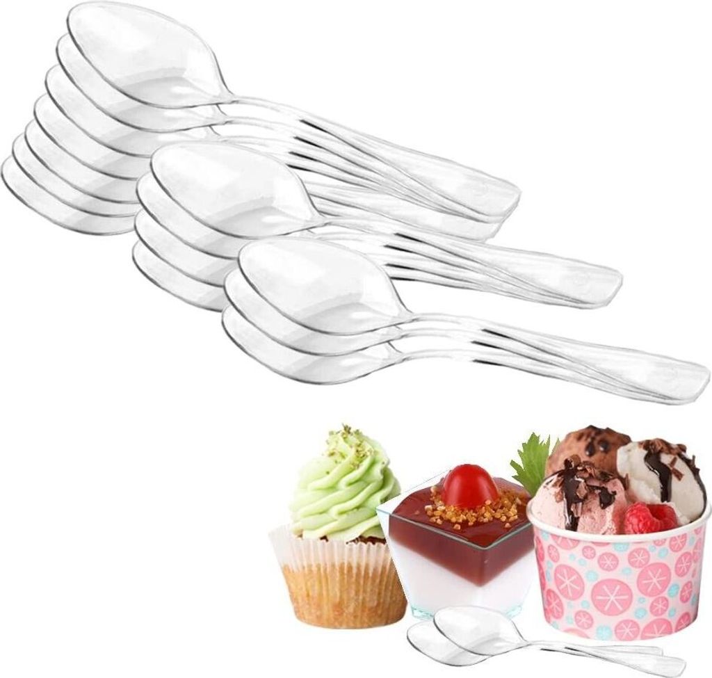 A stack of clear plastic spoons and a few desserts.