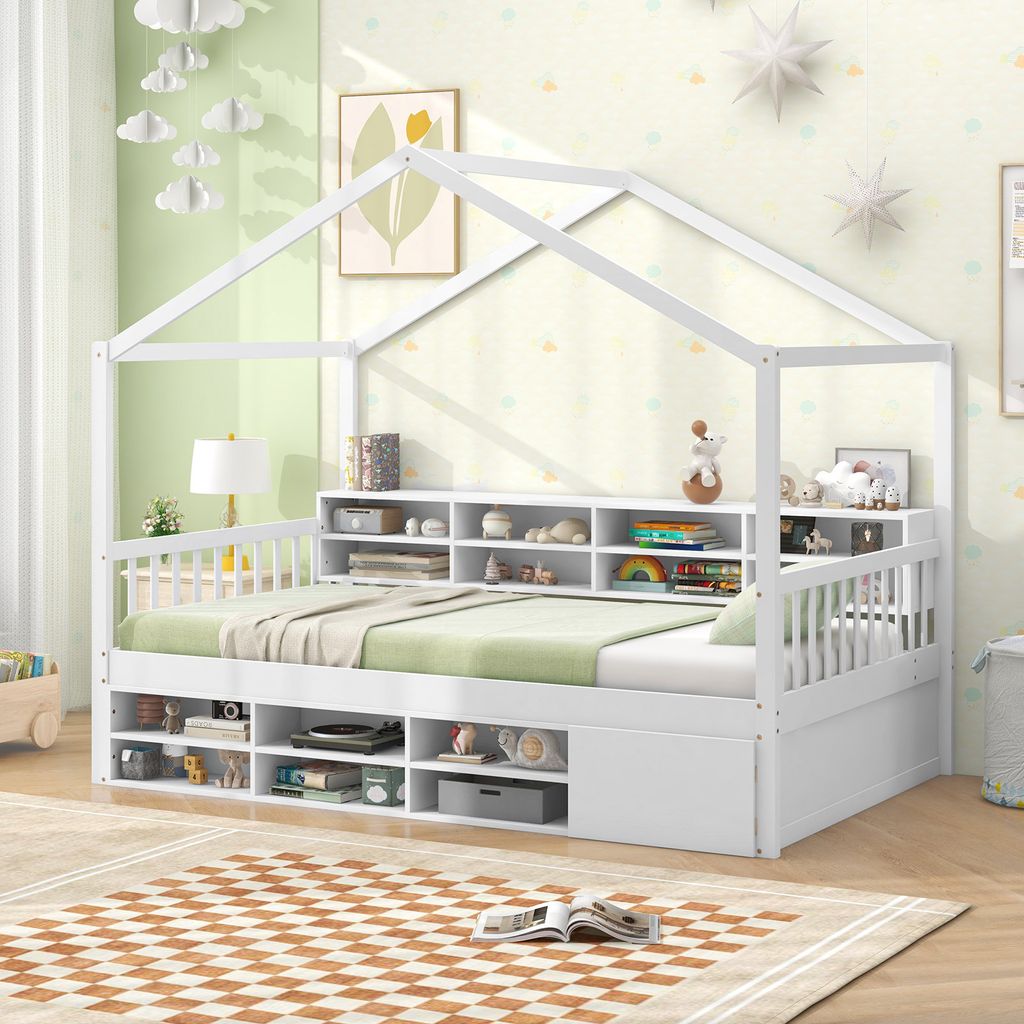 COSTWAY Hausbett 90x200cm, Kinderbett mit Rausfallschutz, 14 Fächern, integriertem Schrank & Lattenrost, Jugendbett bis 200kg, für Kinder Weiß