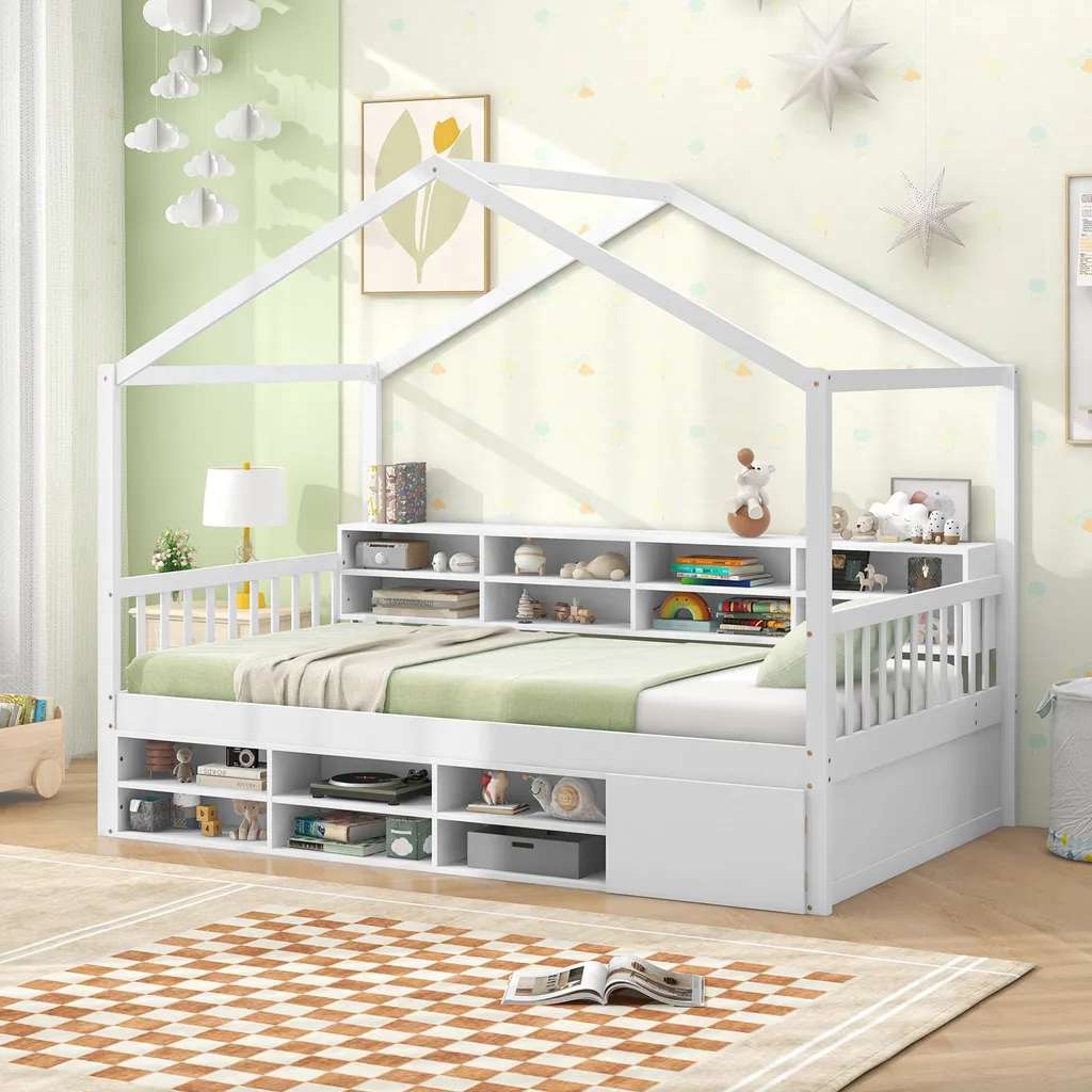 Lit enfant sécurisé 90x200cm antichute blanc avec 14 niches de rangement