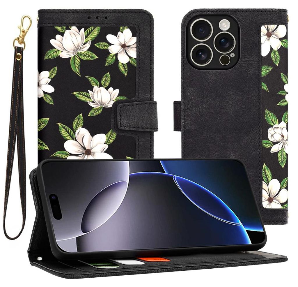 Techsuit FlipCraft Book Wallet Klapphülle mit Kabel für Apple iPhone 16 Pro Max - Flowers of the Dawn