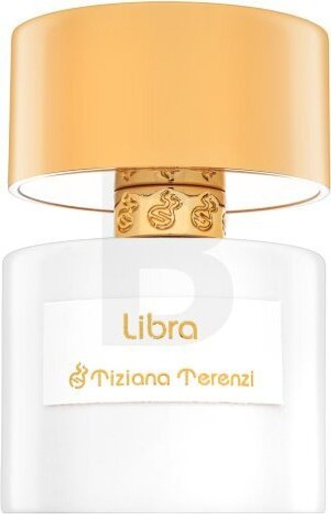A white perfume bottle with a gold cap and gold accents on the neck. The label on the bottle is white with gold text.