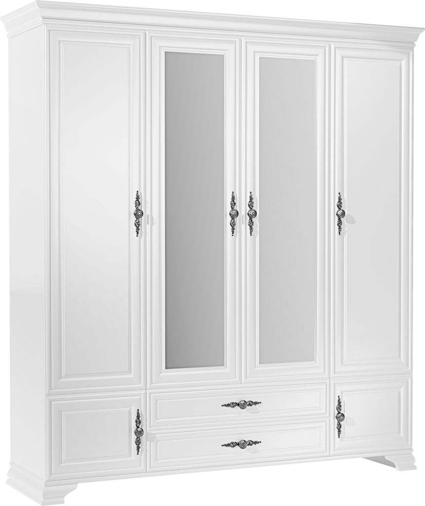 A white wardrobe with six doors and two drawers, featuring mirrored panels on some of the doors.