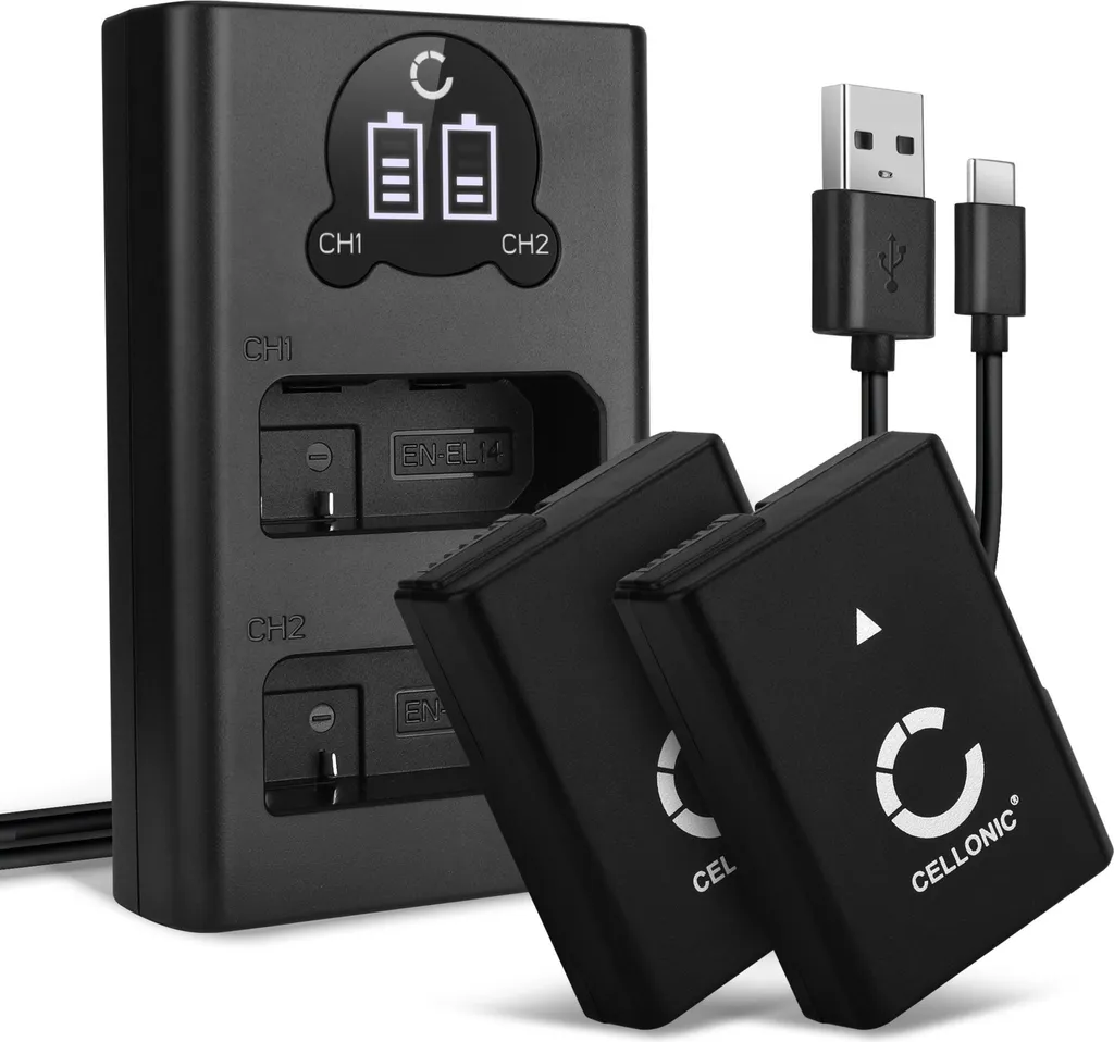CELLONIC, Batteria per Fotocamera, compatibile con Nikon D3100, D3200, D5100, D5300, D5600, D3300 (7.4V, 1050mAh) 2 Pezzi + Doppio caricabatterie