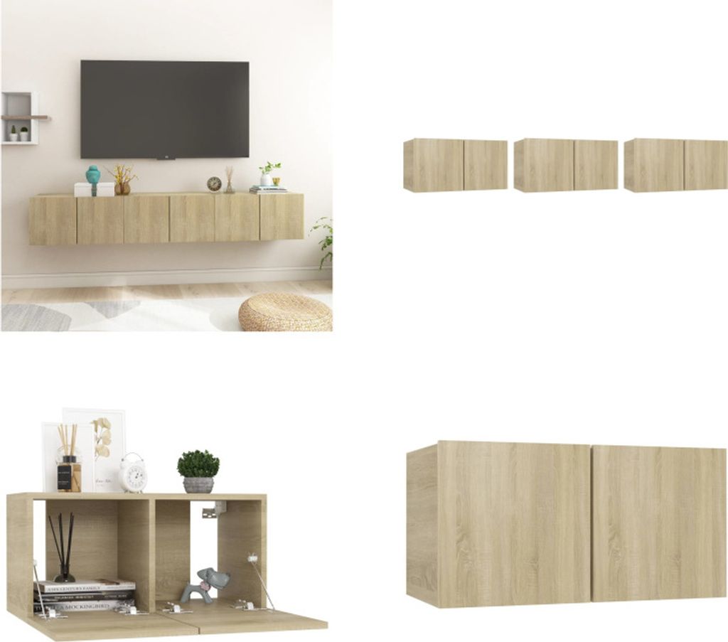 vidaXL TV Hängeschränke 3 Stk. Sonoma Eiche 60x30x30 cm - TV Schrank - TV Schränke - Fernsehmöbel - TV Möbel