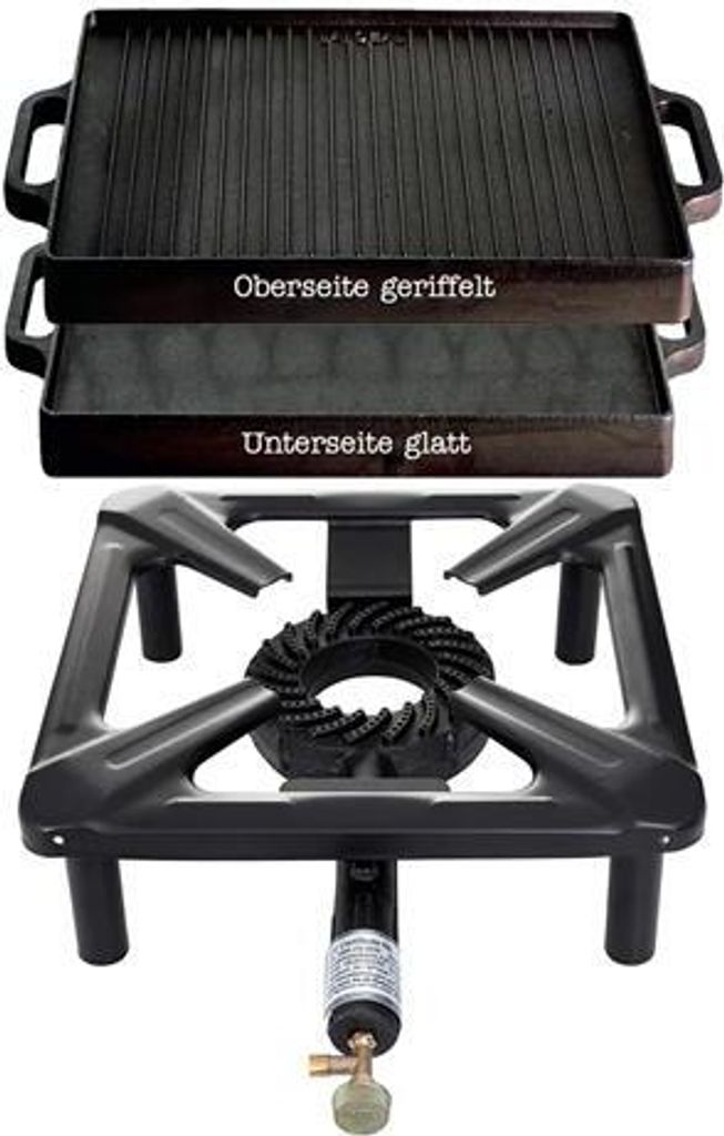 Hockerkocher-Set (klein) mit Gusseisengrillplatte 38 x 38 cm - ohne Zündsicherung - ohne Gaskartusche