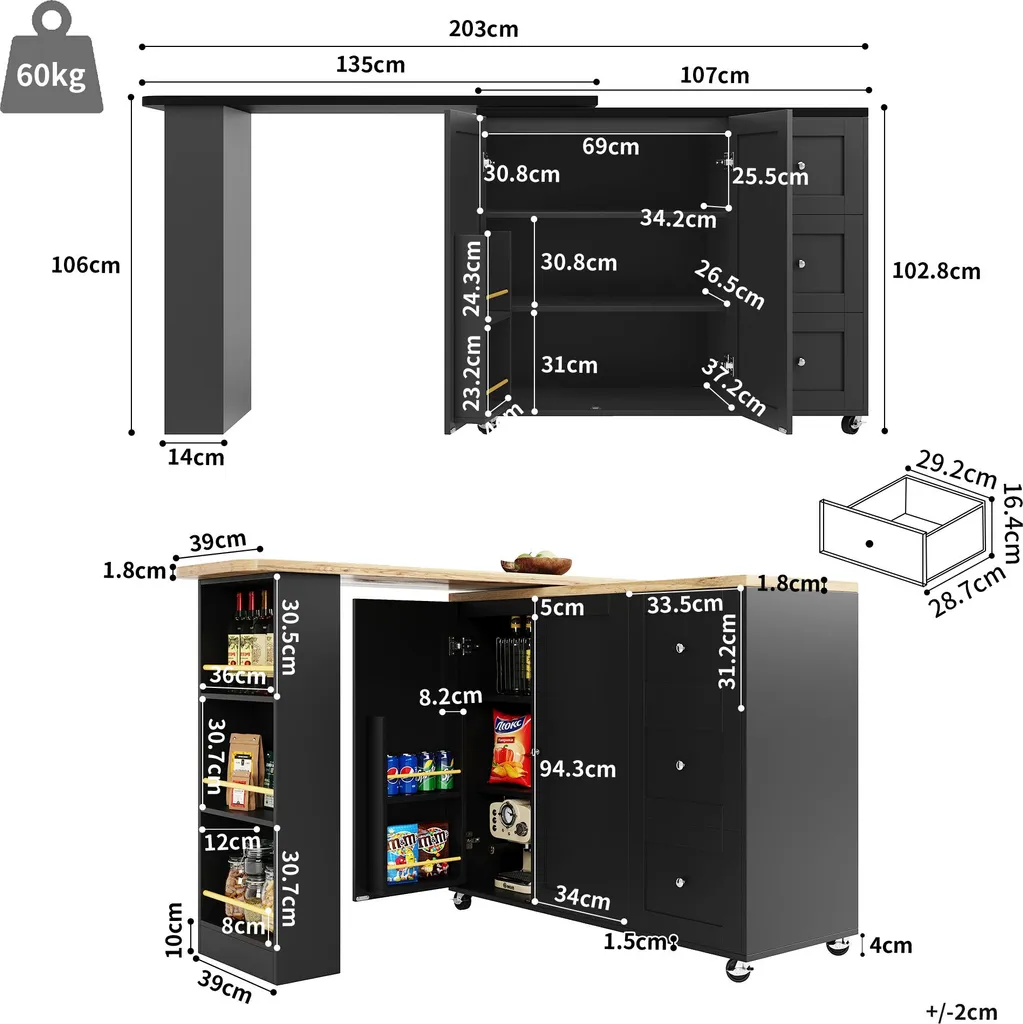 Table de Bar Extensible OKWISH Noire - Mange-debout Pivotant à 360°