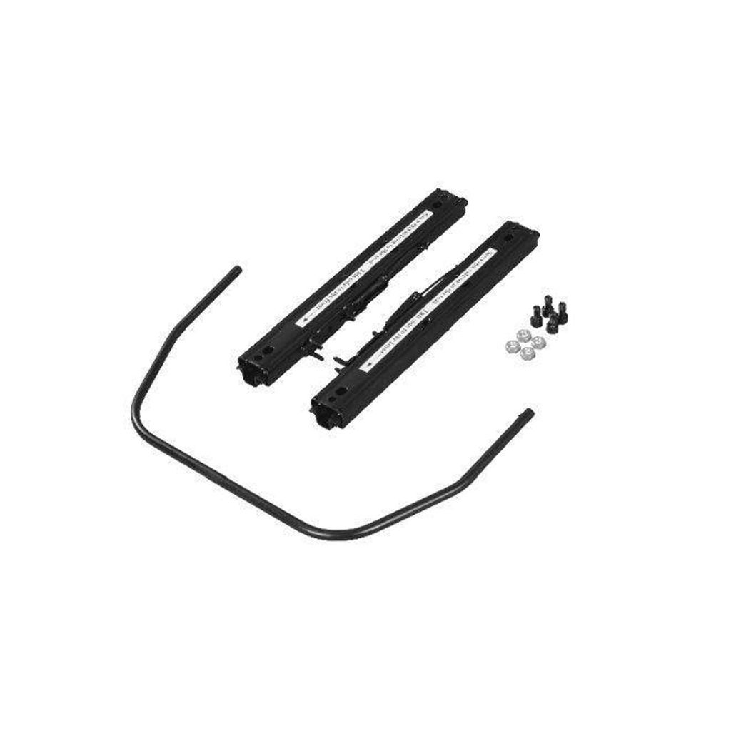 A product shot of seat sliders and hardware on a white background.