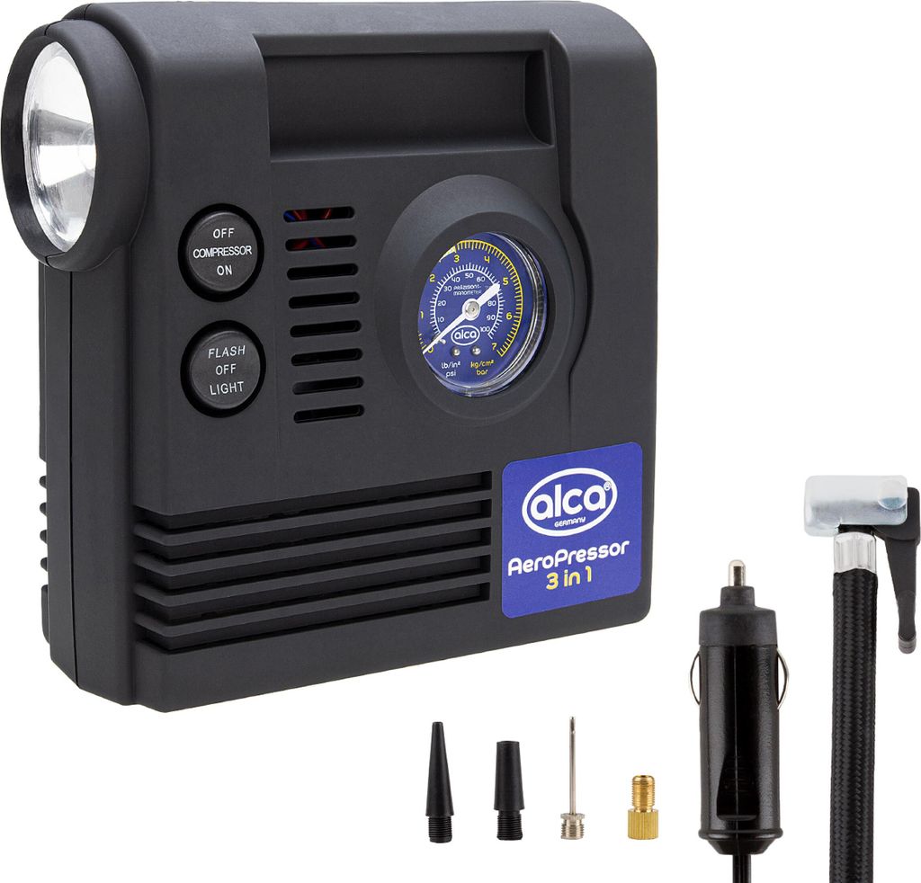alca Auto Kompressor mini 3in1 mit Licht, elektrische Luftpumpe 12V, 21 bar, Zigarettenanzünder