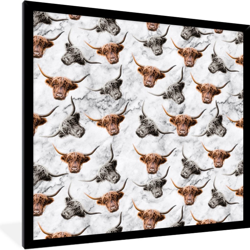 MuchoWow Gerahmtes Poster Schottischer Highlander - Kuh - Marmor 40x40 cm - Poster mit Schwarzem Bilderrahmen Wandposter Rahmen Foto Bilder - Mit...