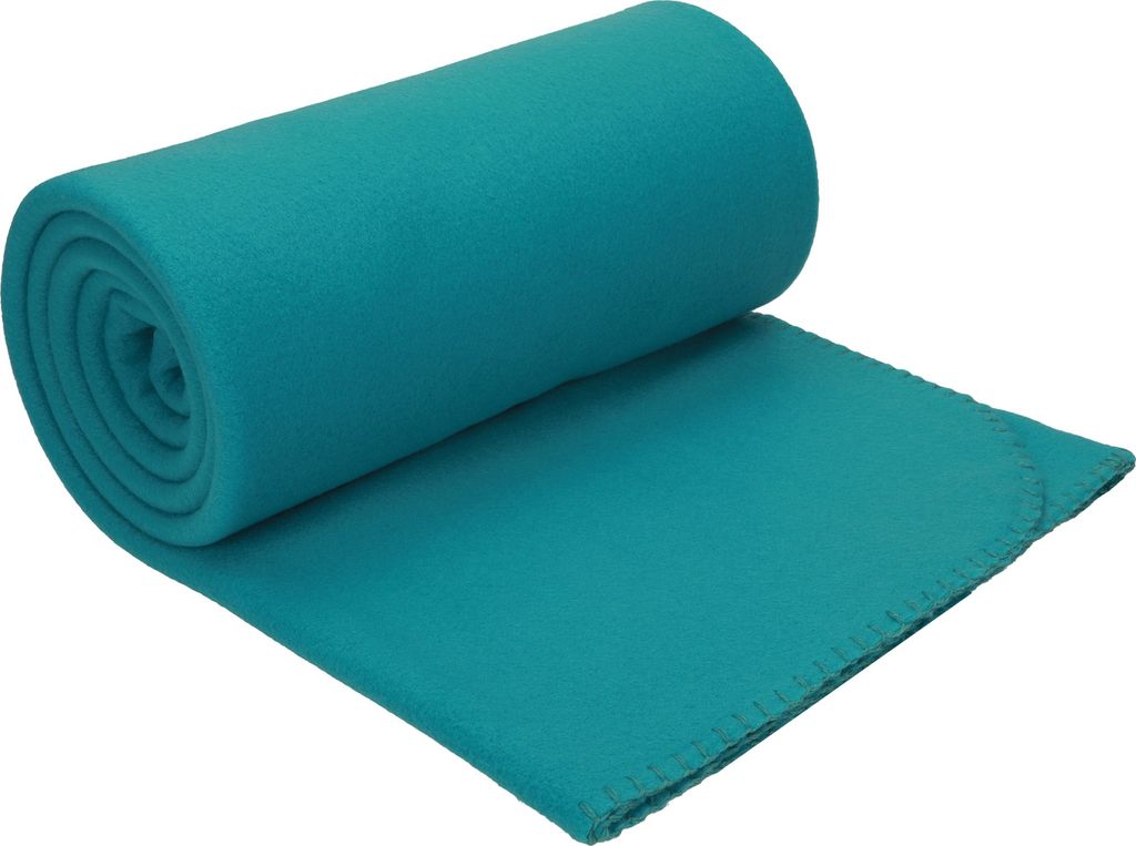 A rolled-up teal fleece blanket is shown on a white background.