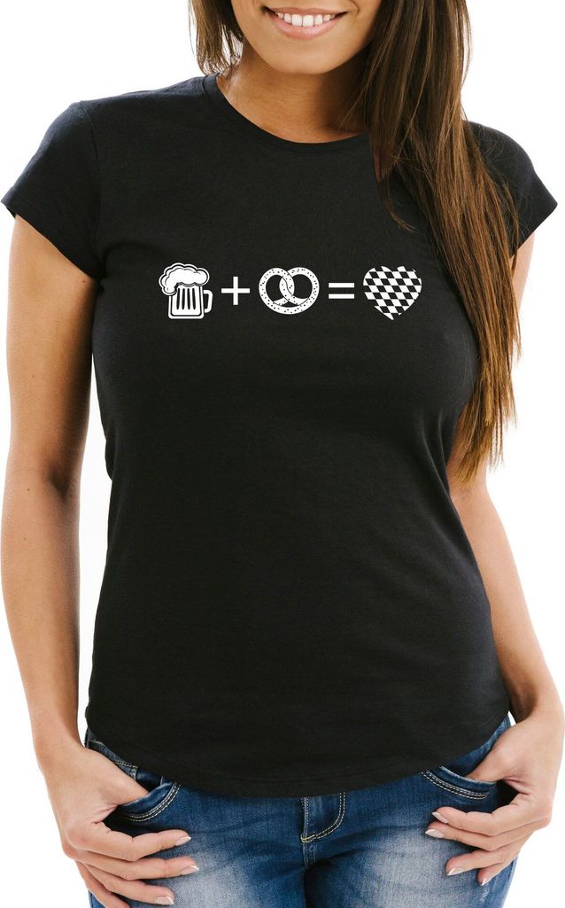 Damen T-Shirt Bier Brezel Herz Slim Fit Moonworks schwarz XS