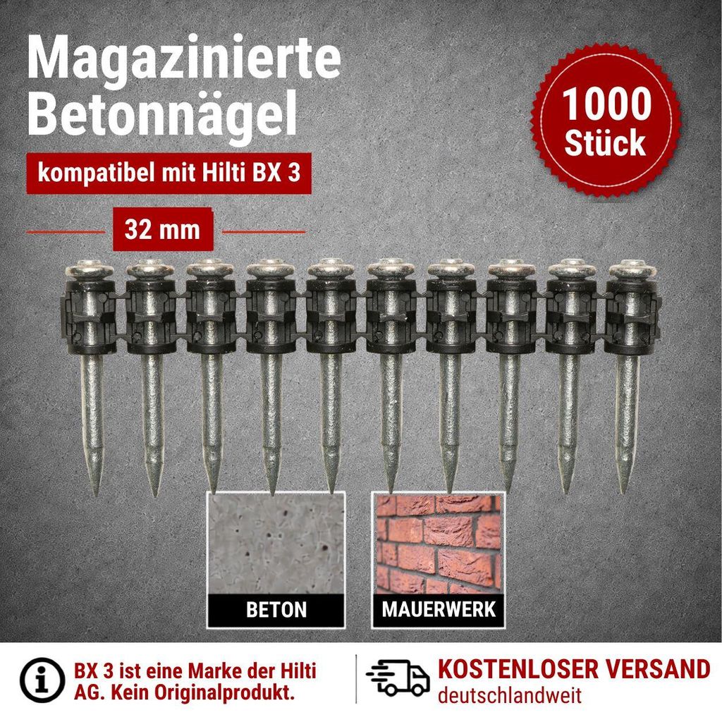 Betonnägel 32 mm – 1000 Stück kompatibel mit Hilti BX 3 – Produktbild 