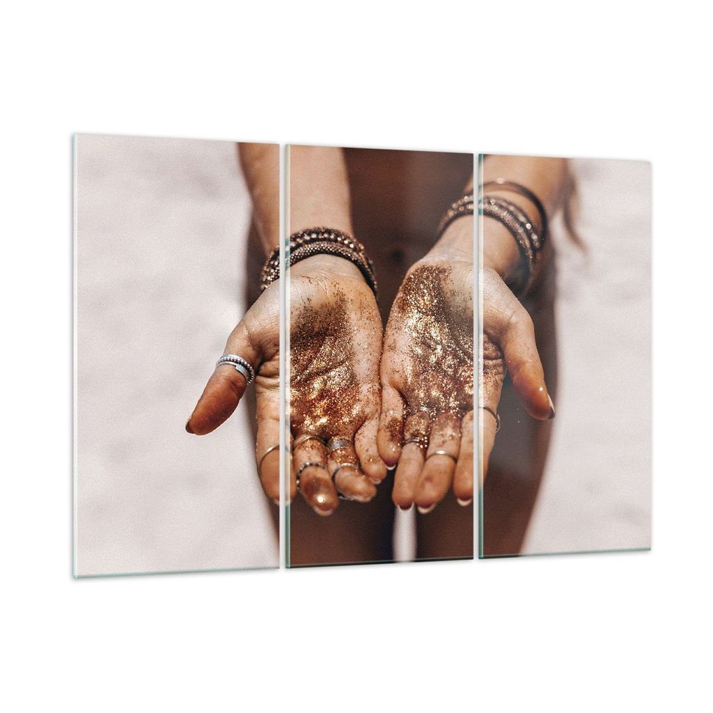 Bilder auf glas - 3 Teile - Hände Strand Gold - 165x110cm - Glasbilder - Wandbilder - Bilder - zum Aufhängen bereit - Wanddekoration aus Glas - G...